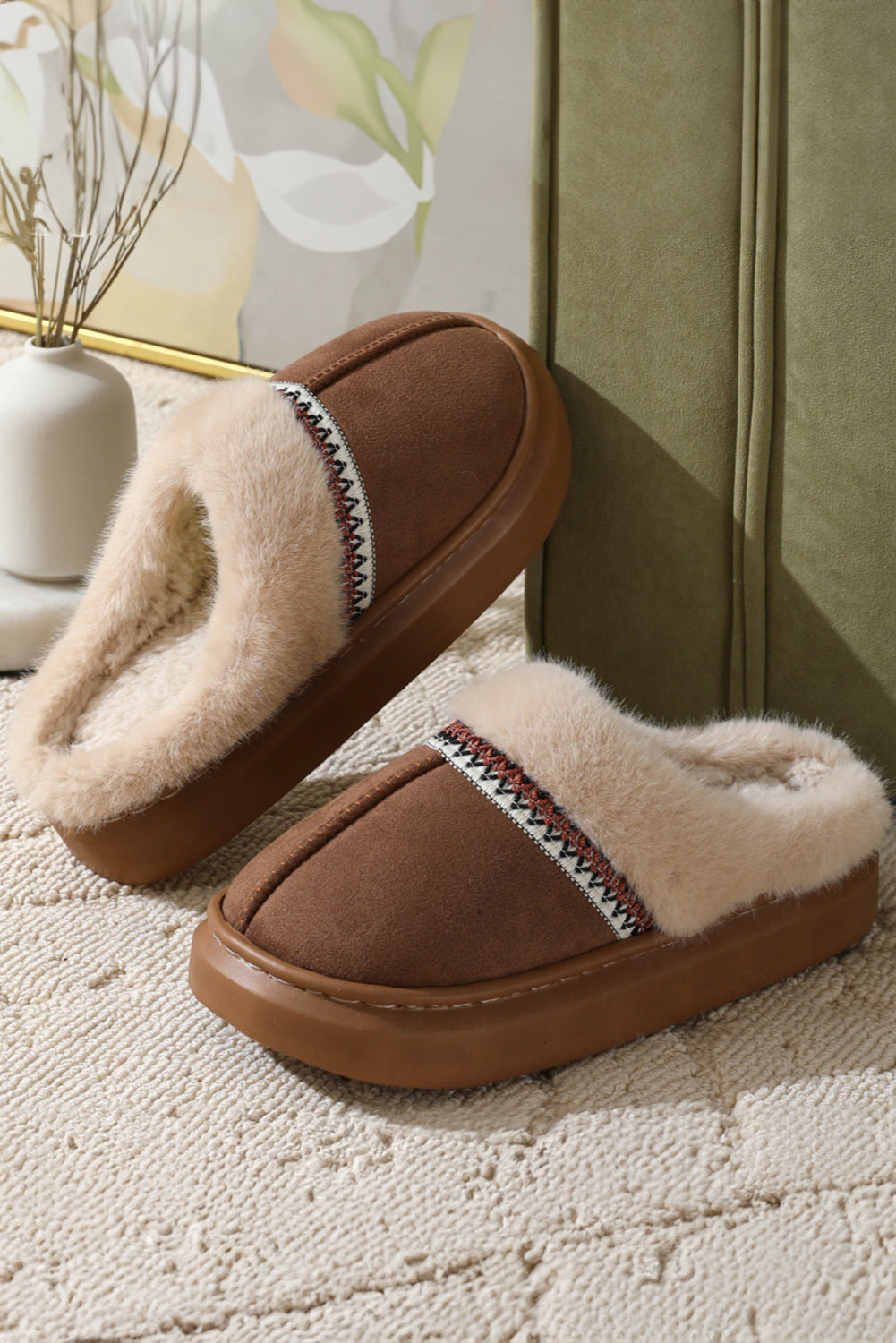 Coffee Western Woven Detail Faux Suede Furry Home Slippers