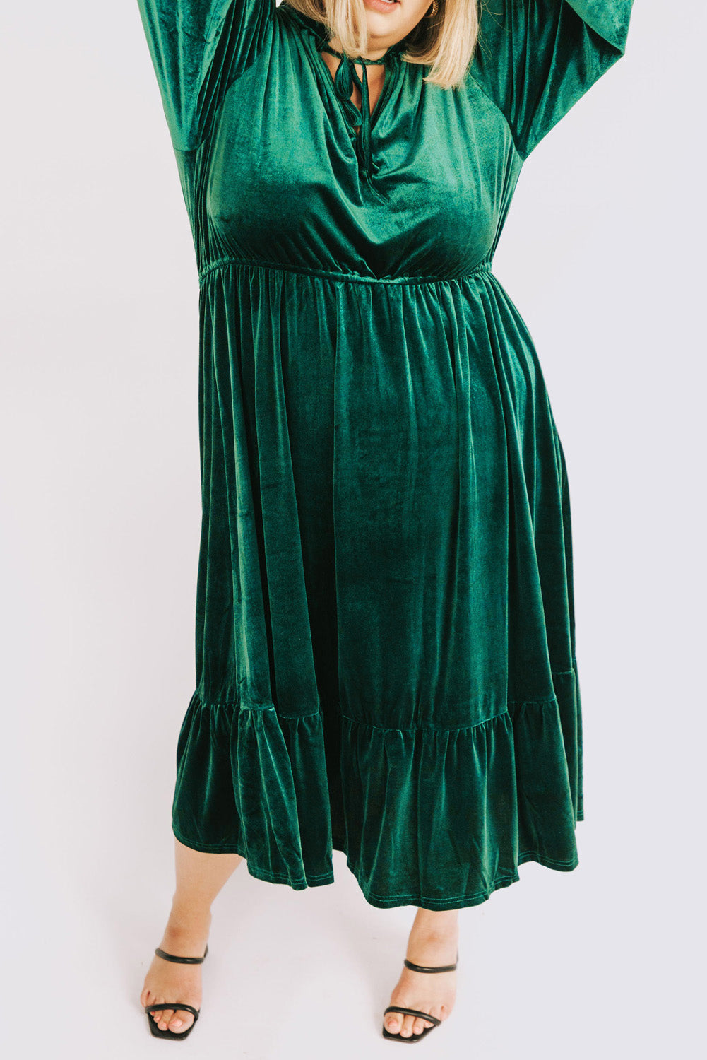 Blackish Green Velvet Frilled up Neck Ruffled High Waist Plus Size Midi Dress