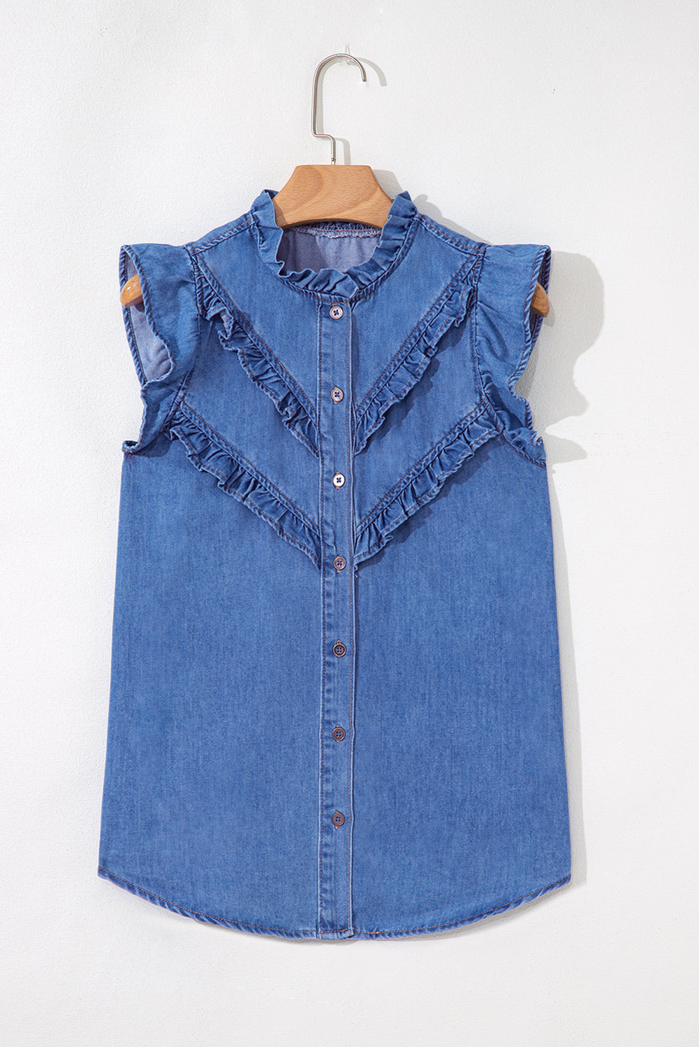 Sky Blue Mineral Wash Frilled Button Up Denim Shirt