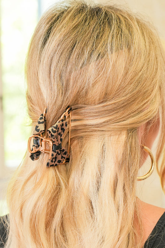Camel Leopard Print Bow Decor Alloy Hair Claw Clip