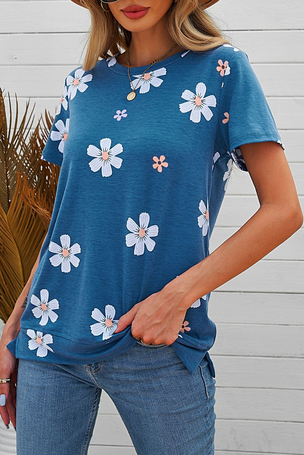 Blue Floral Pattern T-shirt