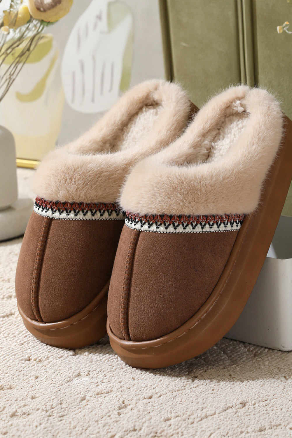 Coffee Western Woven Detail Faux Suede Furry Home Slippers