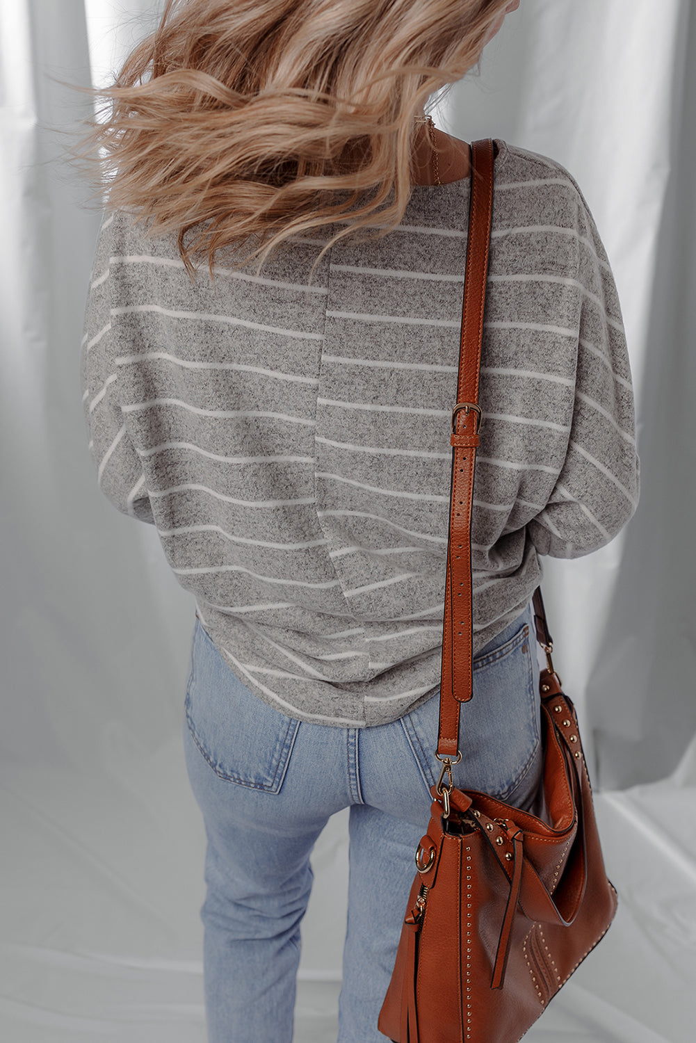 Gray Stripe Dolman Sleeve Drop Shoulder Top