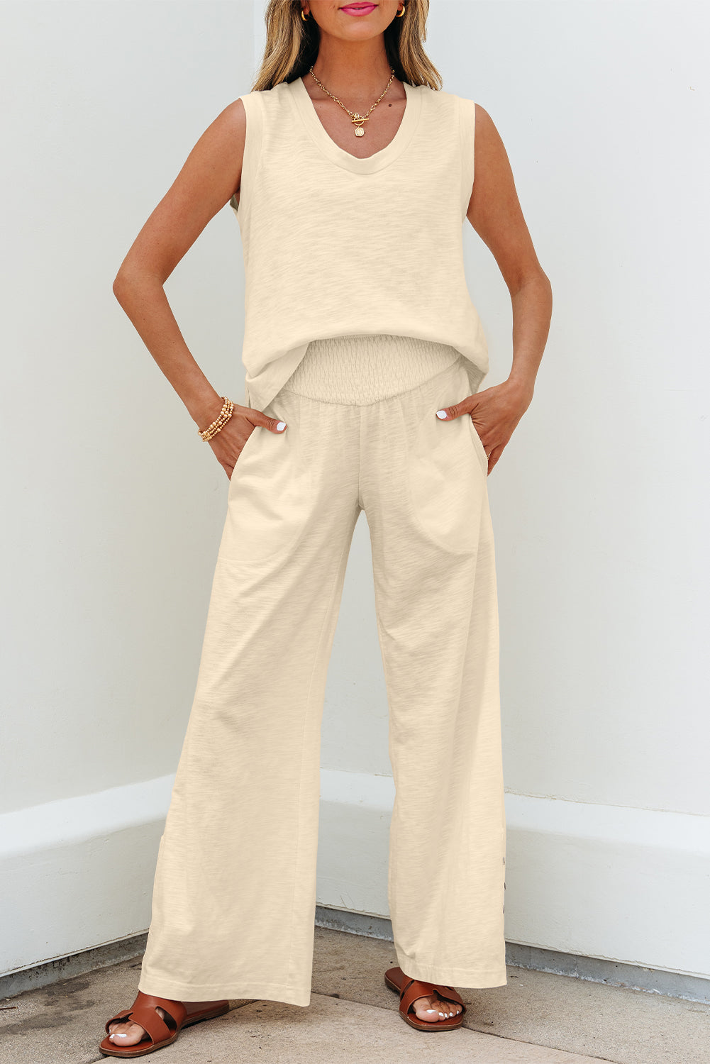 Beige Solid Color Tank Top and Smocked Waist Pants Set