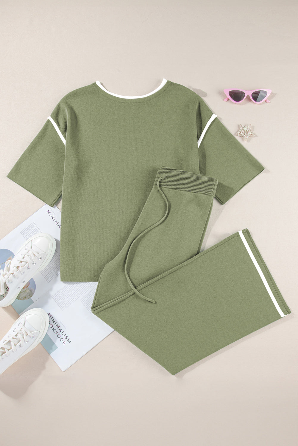 Guacamole Green Contrast Trim Half Sleeve Top Drawstring Pants Loose 2pcs Sweater Suit