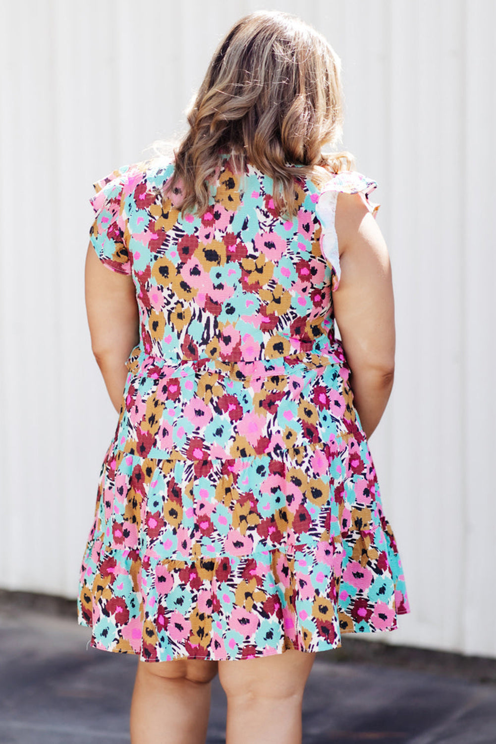 Red Floral Ruffled Cap Sleeve Plus Size Mini Dress