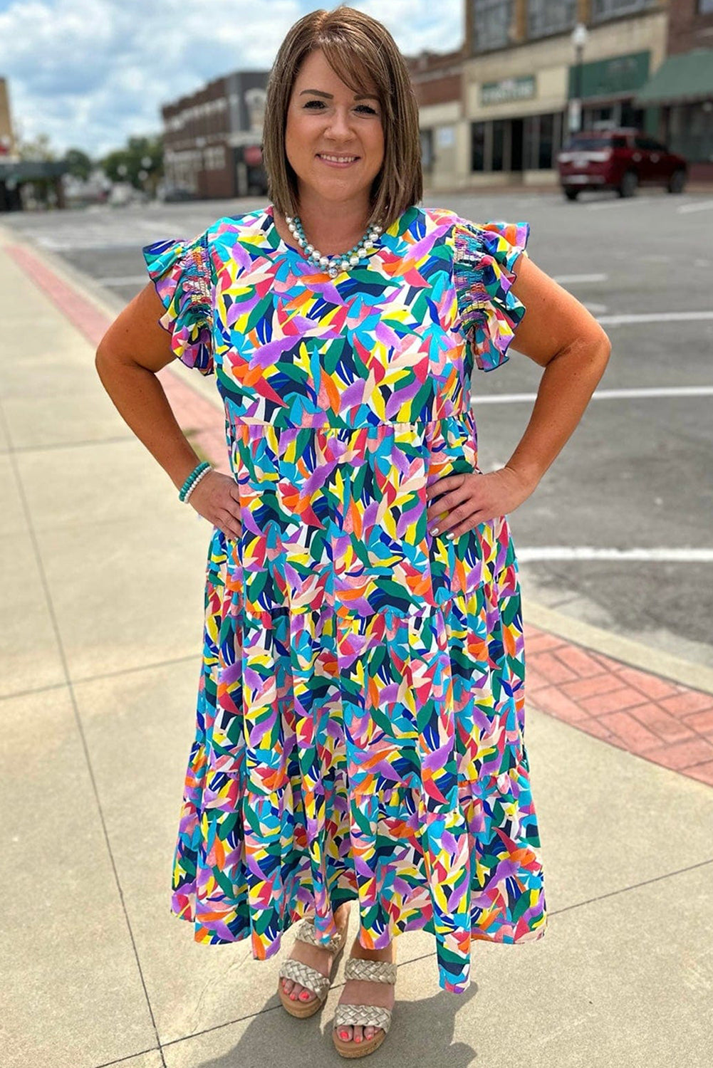 Blue Geometric Print Ruffled Short Sleeve Plus Size Tiered Maxi Dress