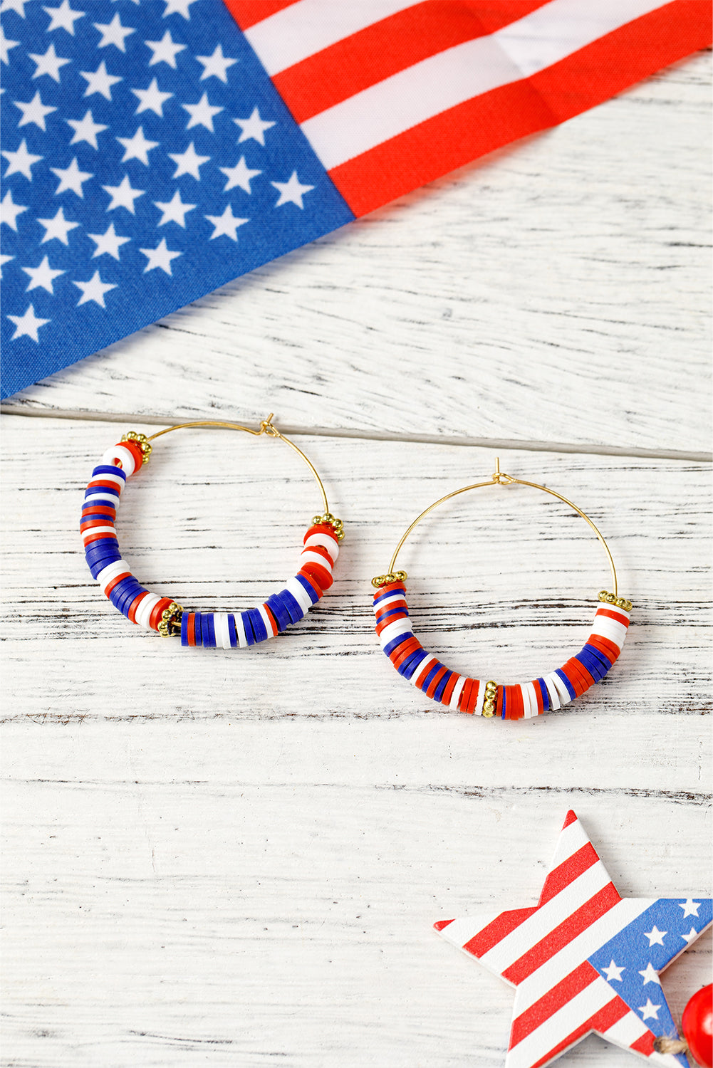 Dark Blue American Flag Inspired Beaded Large Hoop Earrings