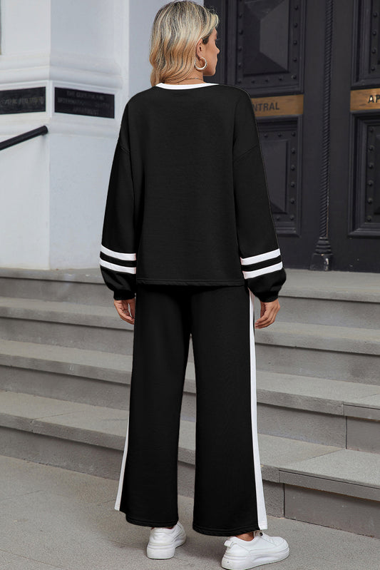 Black Varsity Stripe Patchwork Puff Sleeve Pullover Drawstring Wide Leg Pant Set