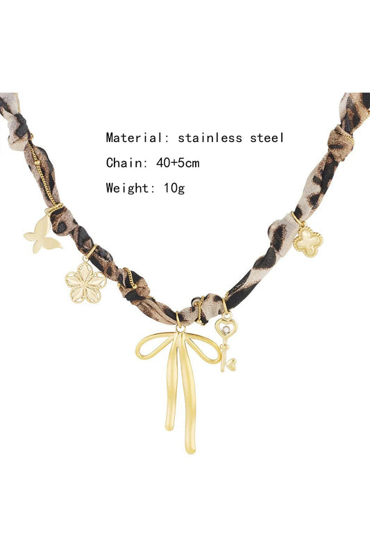 Gold Plated Bow Stainless Steel Pendant Leopard Scarf Necklace