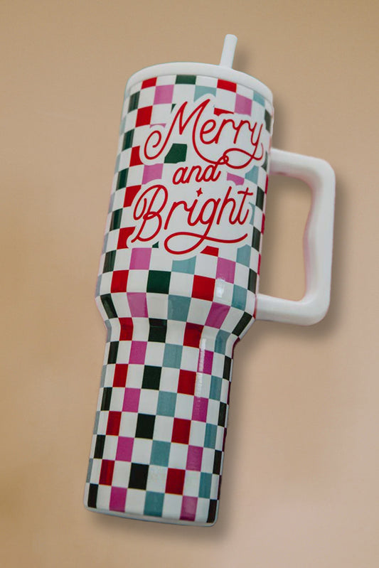 Red Merry and Bright Colorful Plaid Print Handle Portable Cup