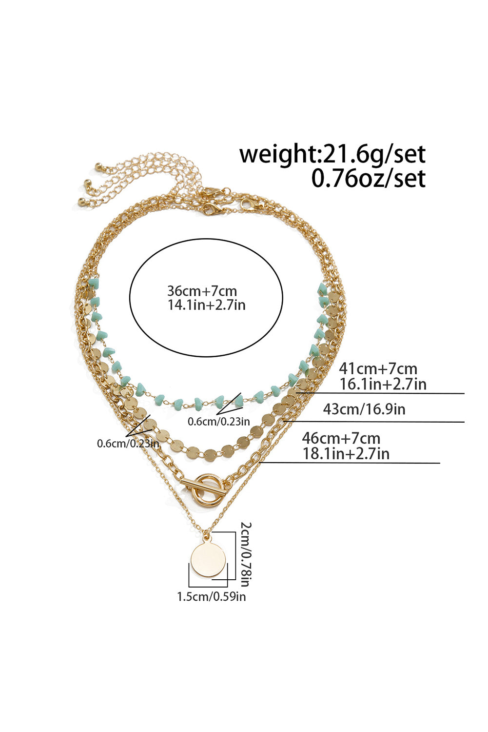 Gold Plated Toggle Disc Detail Turquoise Heart Beads 4pcs Necklace Set