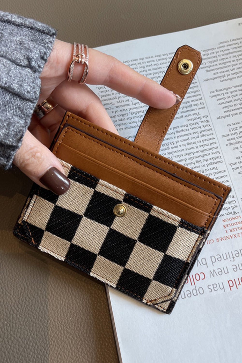 Coffee Leather Checkered Canvas Patchwork Card Storage Wallet