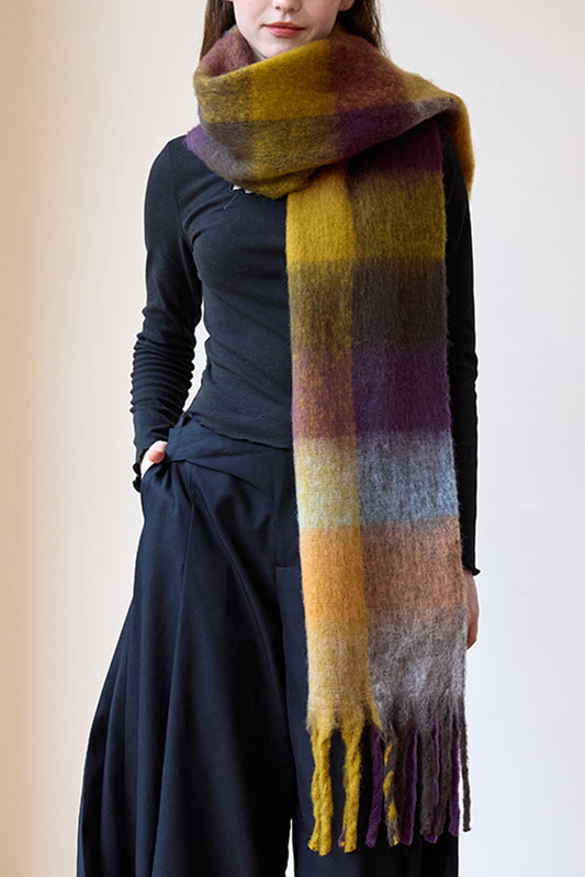 Beige Plaid Ombre Tasseled Fleece Shawl Scarf