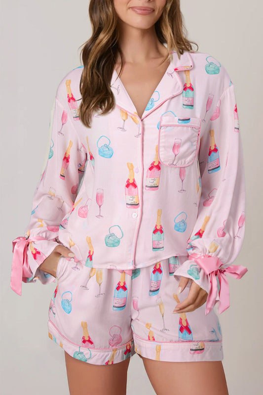 Light Pink Christmas Wine Glass Print Bow Knot Two Piece Pajama Set