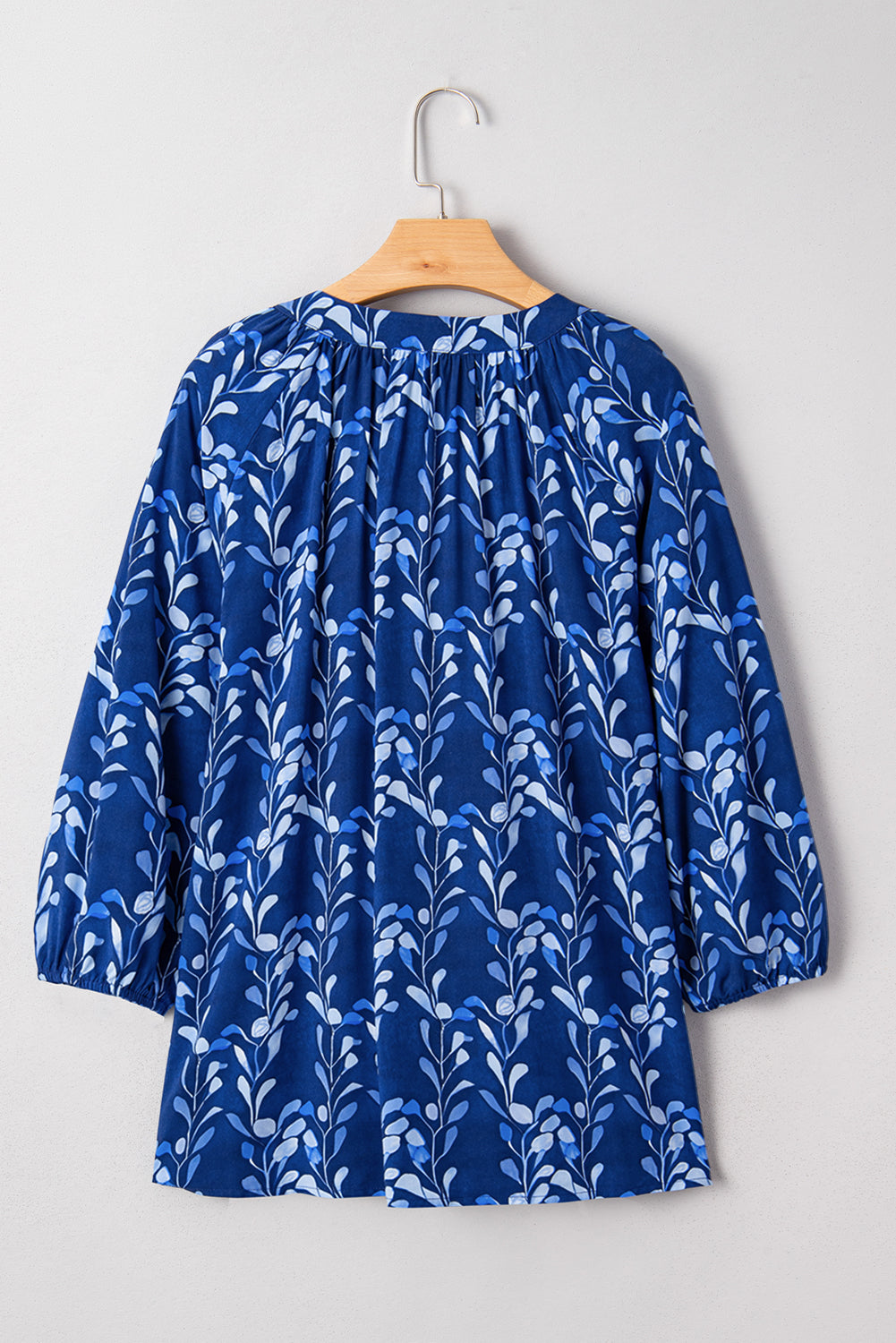 Blue Botanical Print Bracelet Sleeve Notched Neck Blouse
