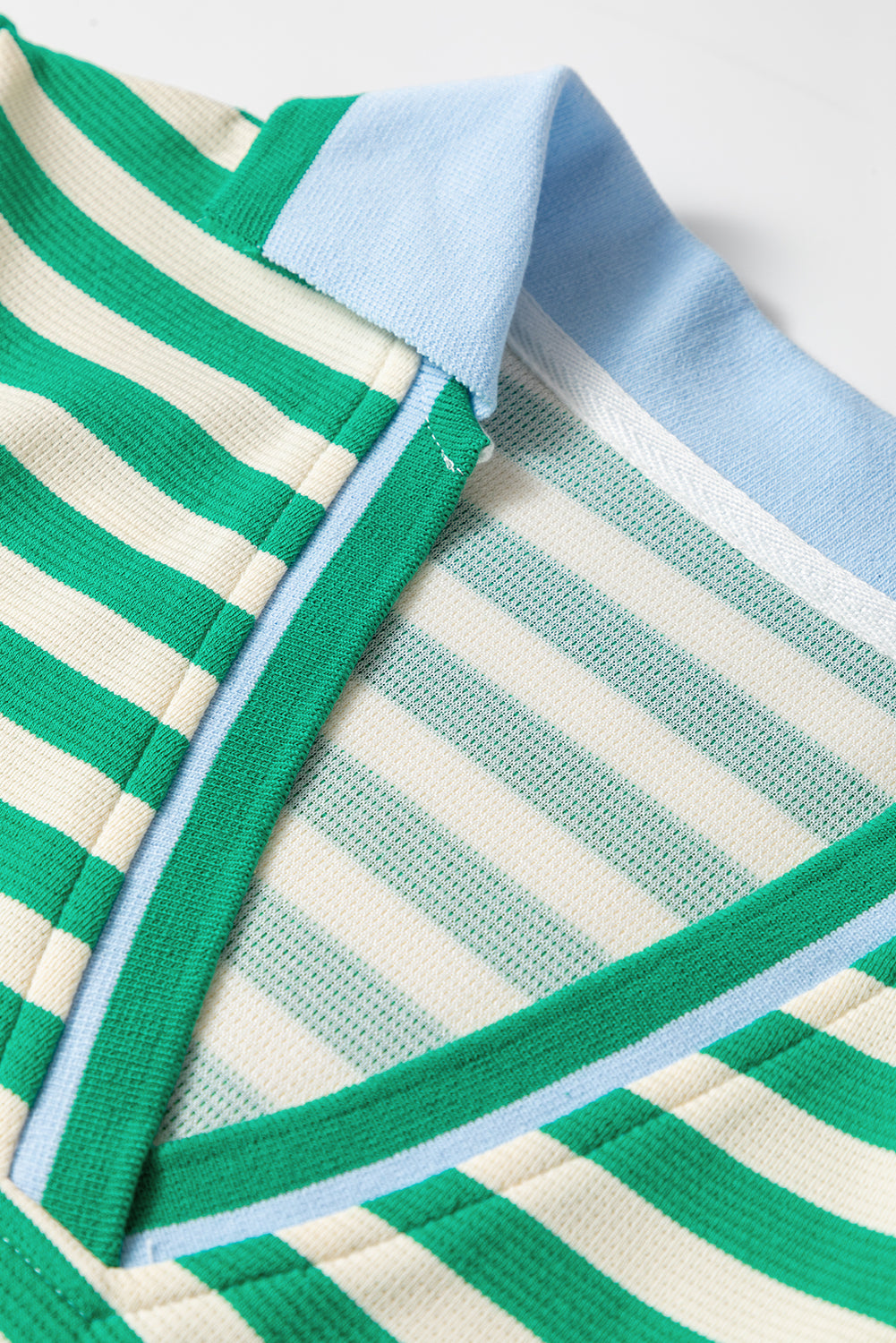 Green Striped Contrast Collar Split Neck Long Sleeve Mini Dress