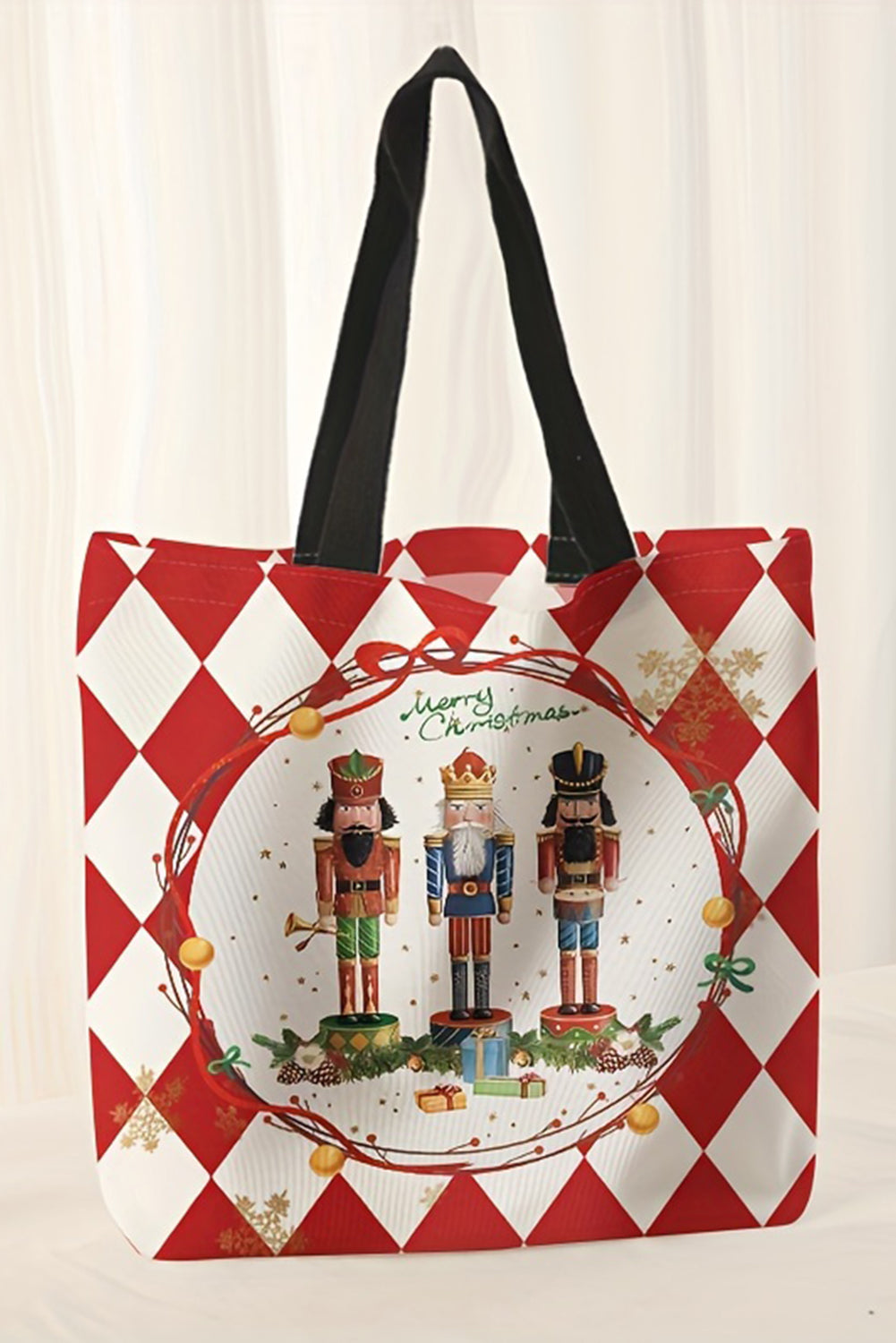 Fiery Red Checkered Merry Christmas Nutcracker Printed Canvas Shoulder Bag