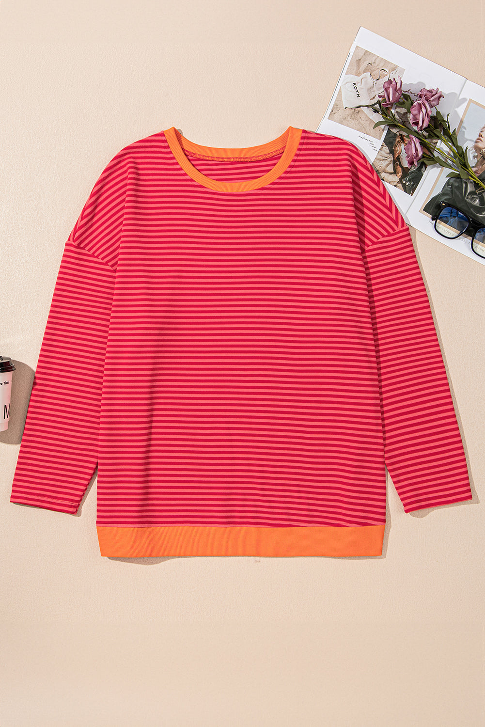 Orange Stripe Plus Size Drop Shoulder Long Sleeve Buttoned Decor Top