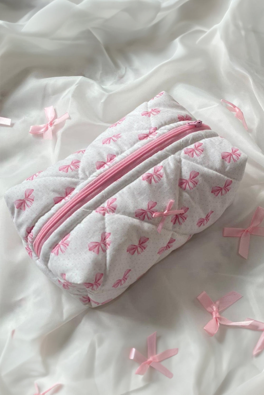 Pink Bow Knot Quilted Zipper Makeup Bag