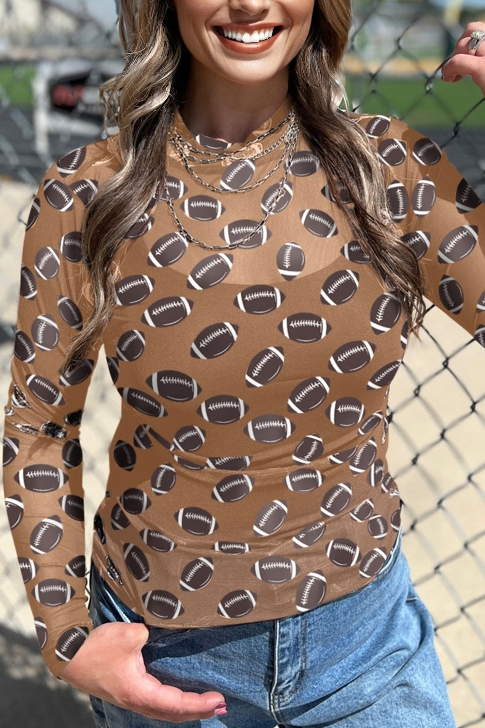Brown Game Day Rugby Mesh Sheer Long Sleeve Top