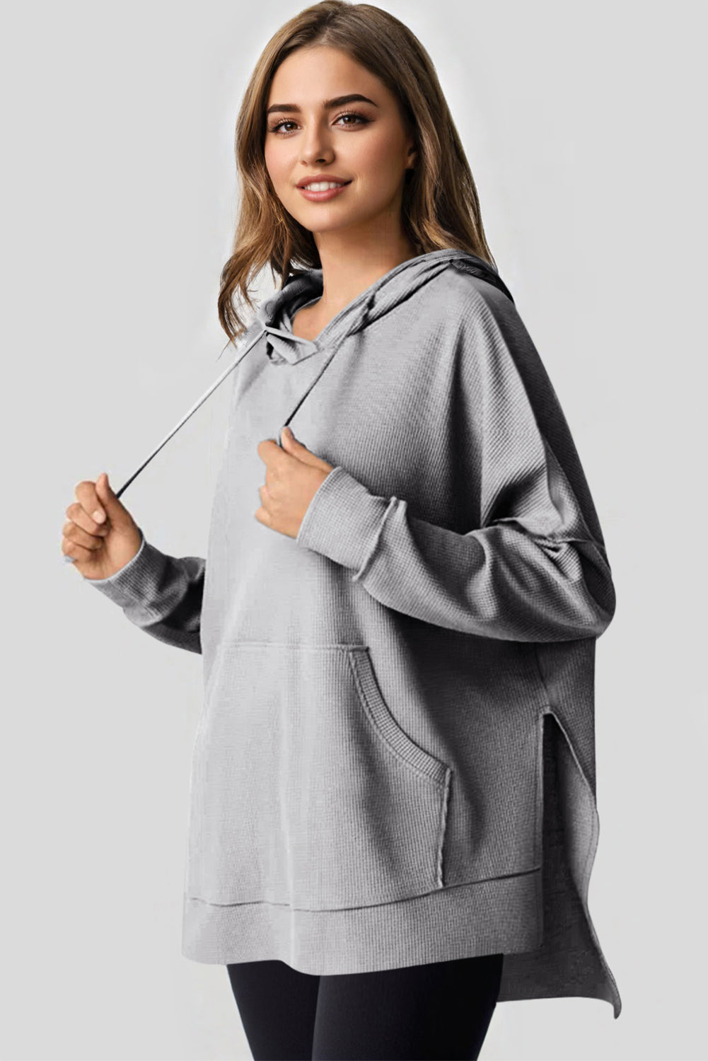 Gray Waffle Knit Fleece Lined High Low Oversized Hoodie