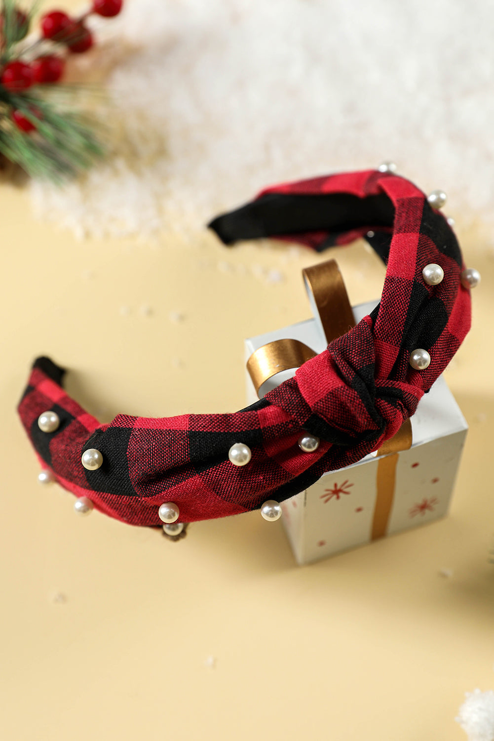 Red Dahlia Pearl Decor Christmas Plaid Knotted Headband