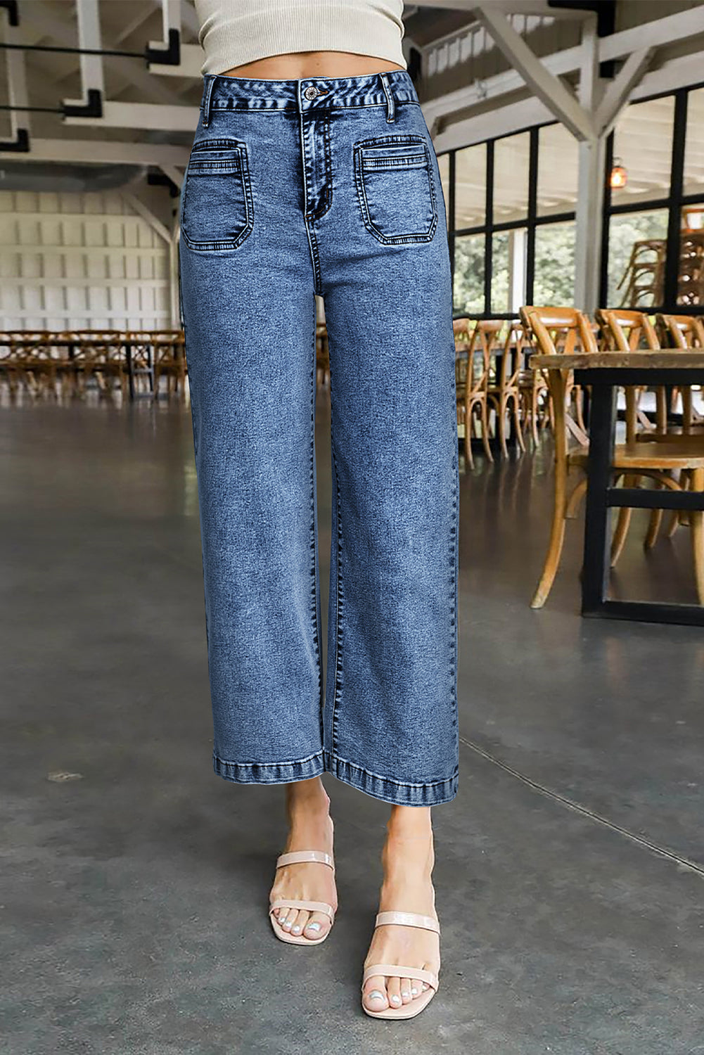 Sky Blue Chic Patch Pocket Straight Leg Loose Jeans