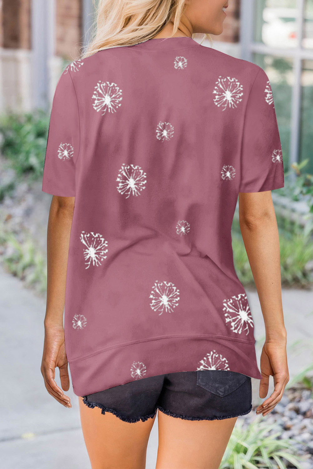 Pink Dandelion Print Crew Neck T-shirt