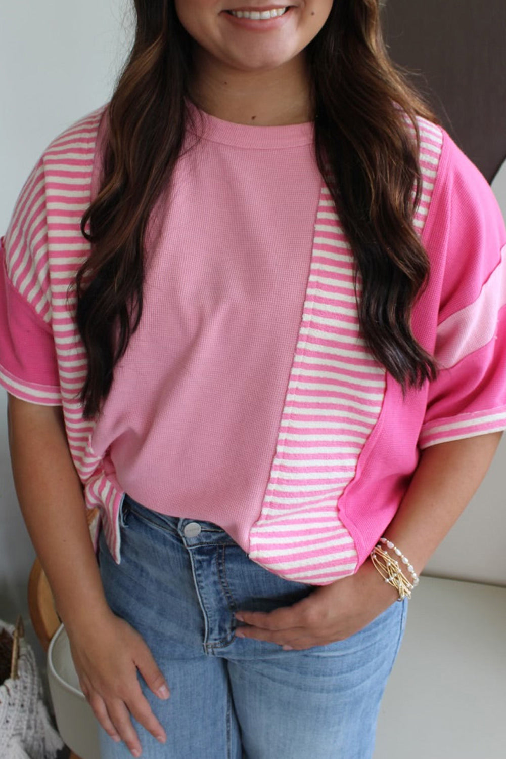 Pink Stripe Patchwork Colorblock Plus Size T Shirt