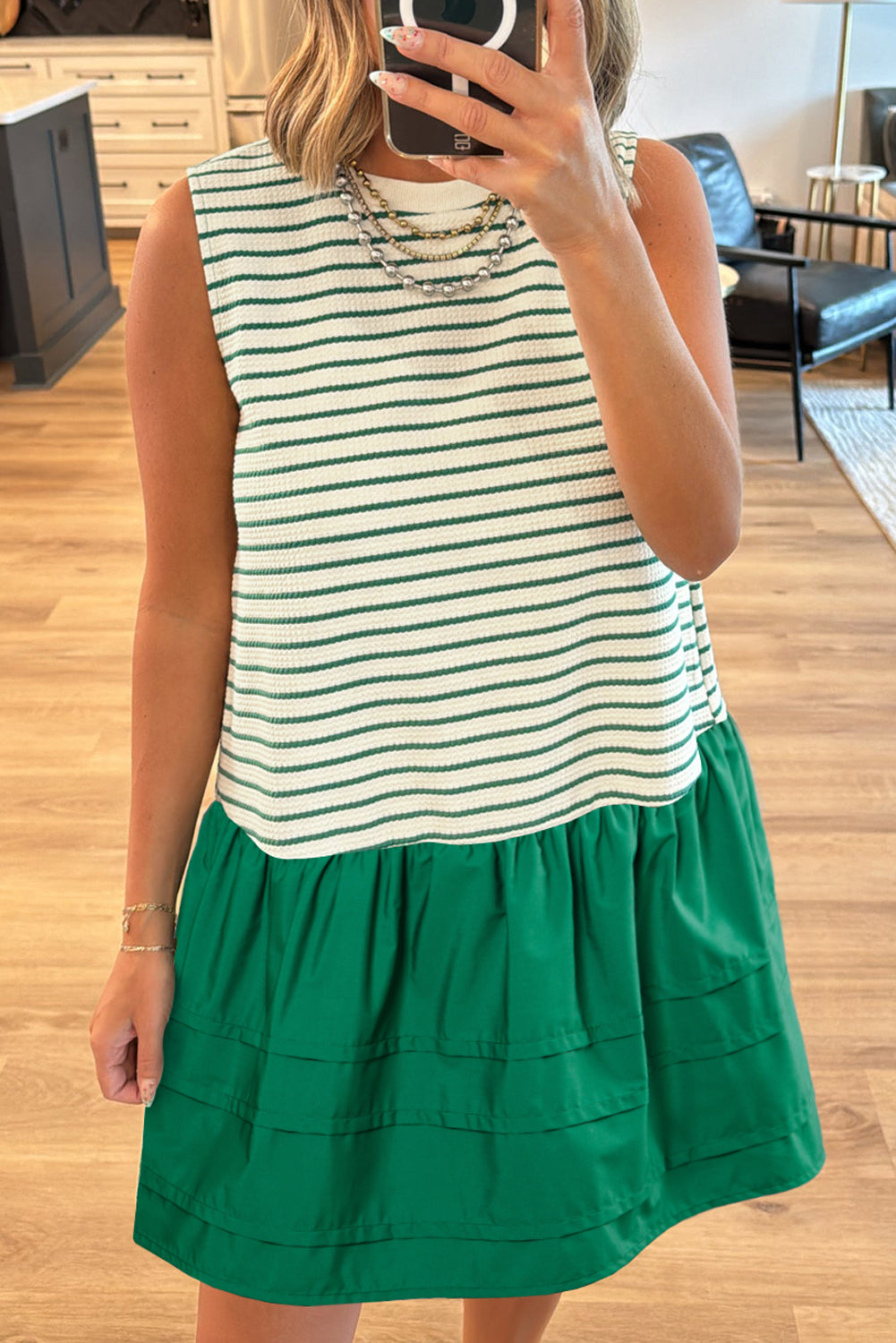 Green Stripe Woven Ruffled Sleeveless Mini Dress