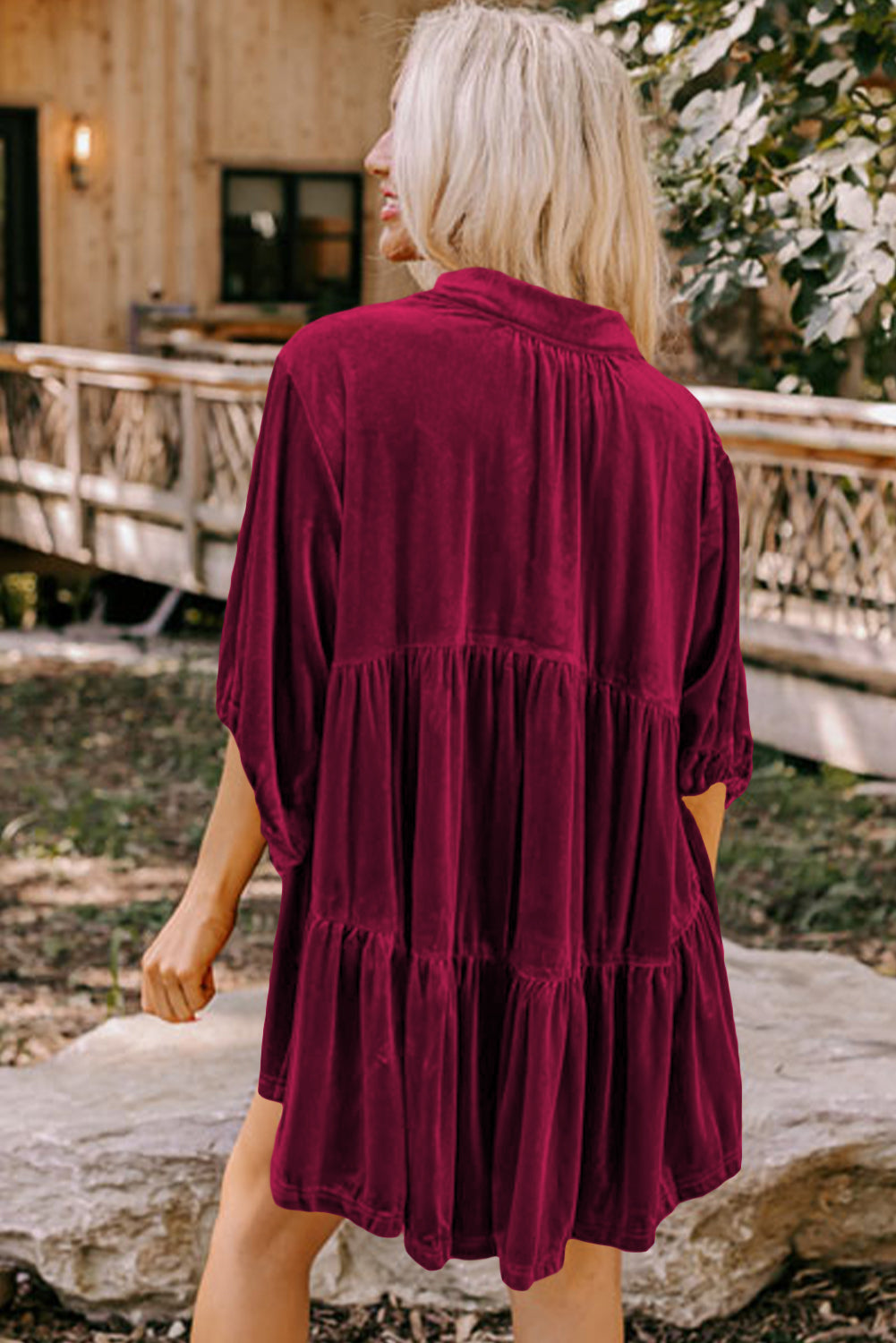 Burgundy 3/4 Sleeve Tunic Babydoll Velvet Shirt