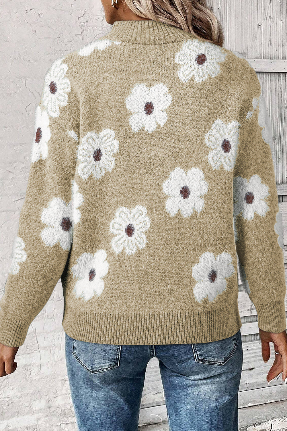 Khaki Floral Pattern Half Zip Drop Shoulder Sweater