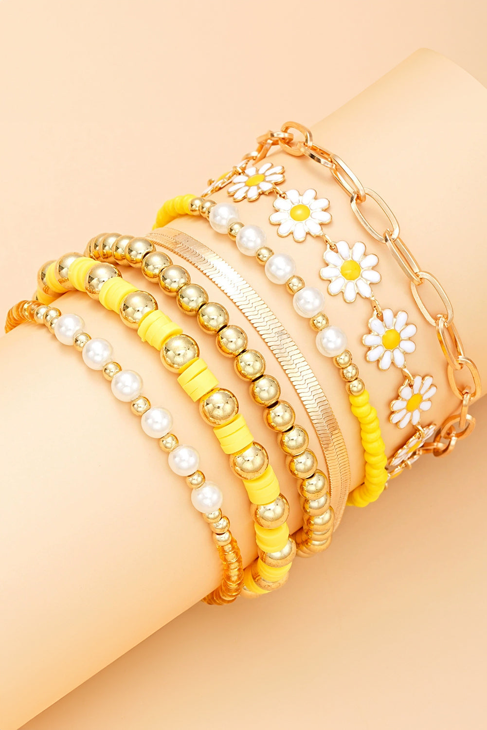 Gold Daisy Beaded Chain Adjustable Multi Layer Bracelet Set
