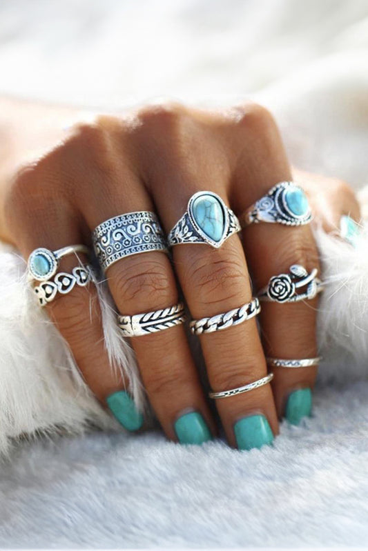 Dark Green Vintage Turquoise Decor 10Pcs Rings Set