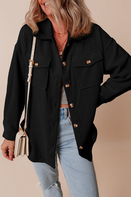 Black Corduroy Flap Pocket Button Up Shacket