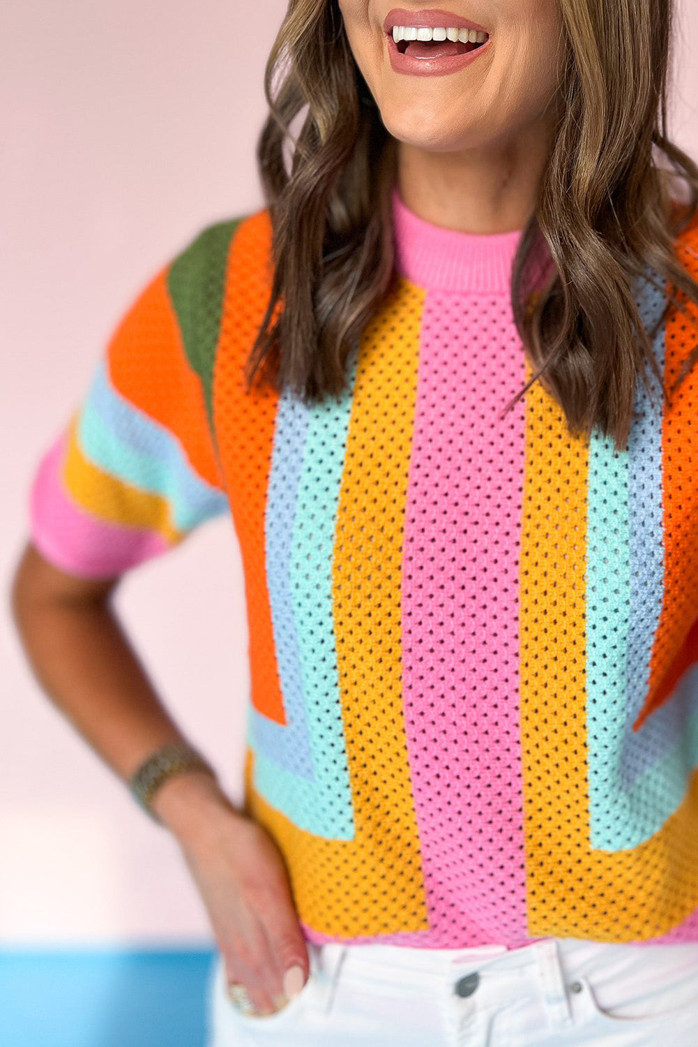 Orange Color Block Eyelet Casual Sweater T Shirt