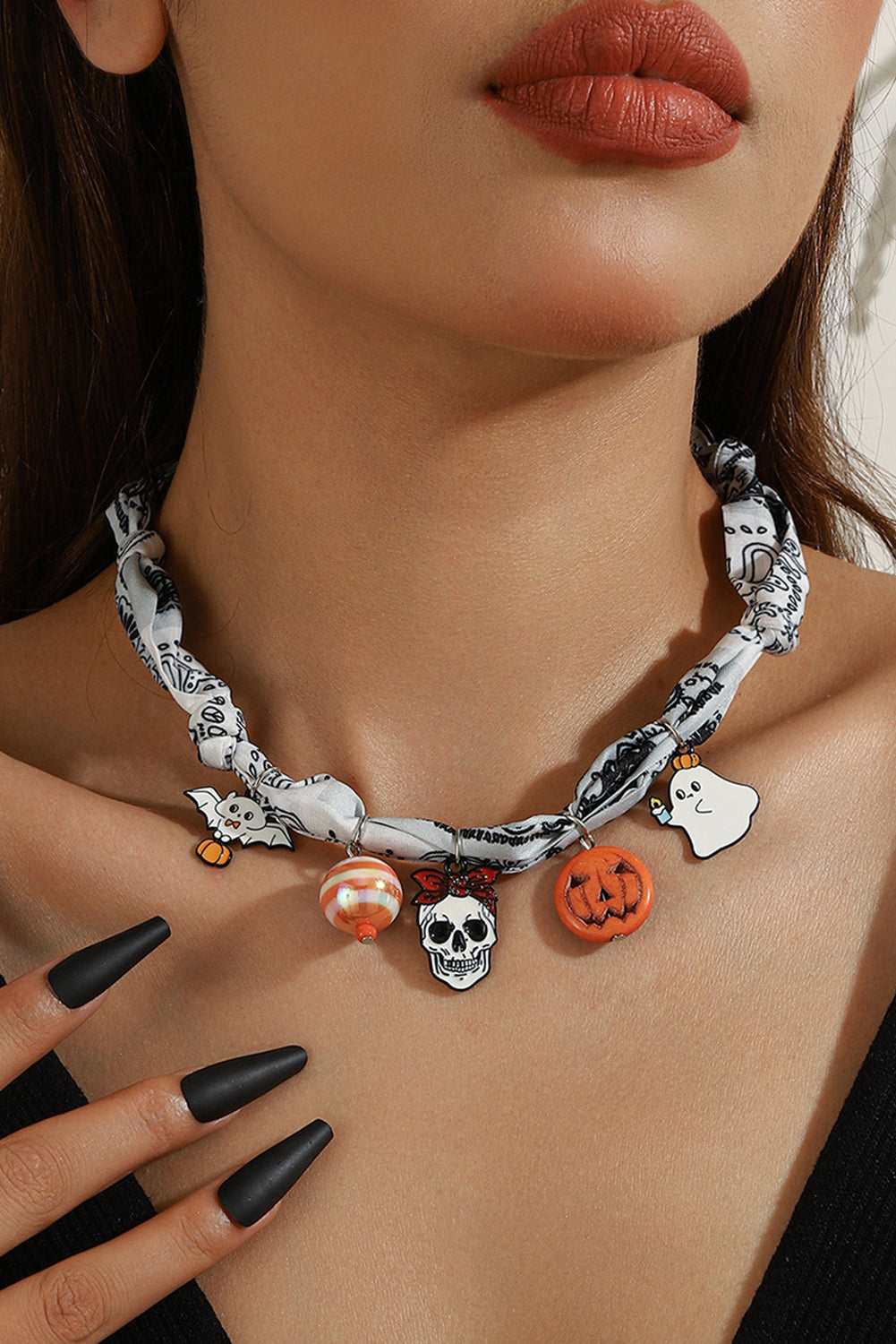 White Boho Printed Knot Scarf Halloween Pumpkin Ghost Charm Necklace