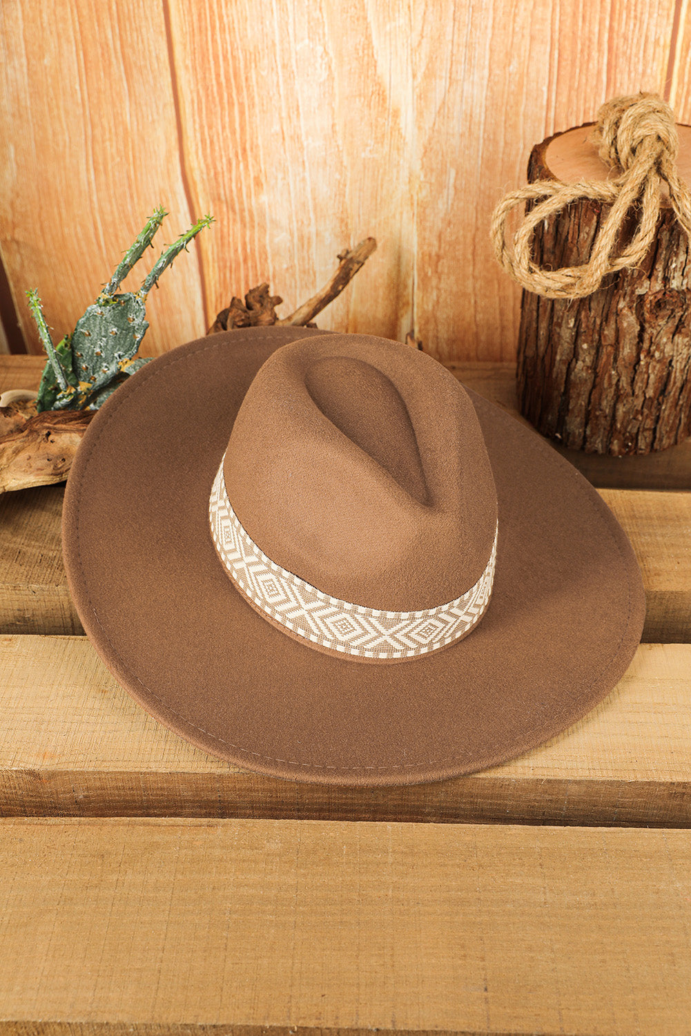 Brown Aztec Embroidery Retro Flat Fedora Hat