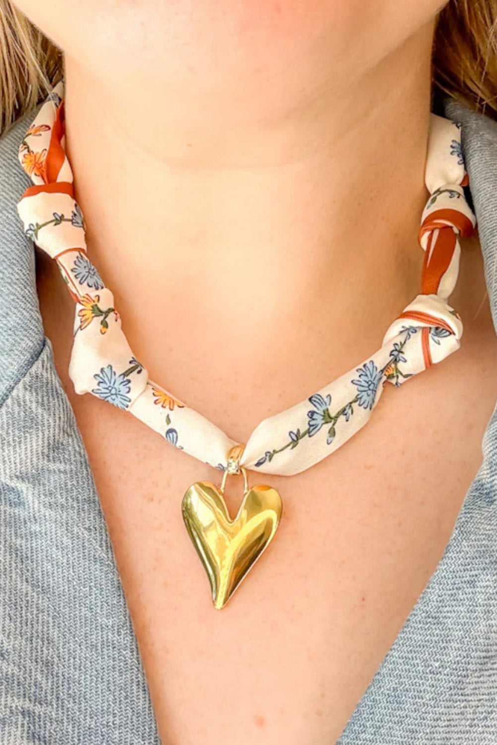 White Floral Print Scarf Knotted Gold Heart Charm Necklace