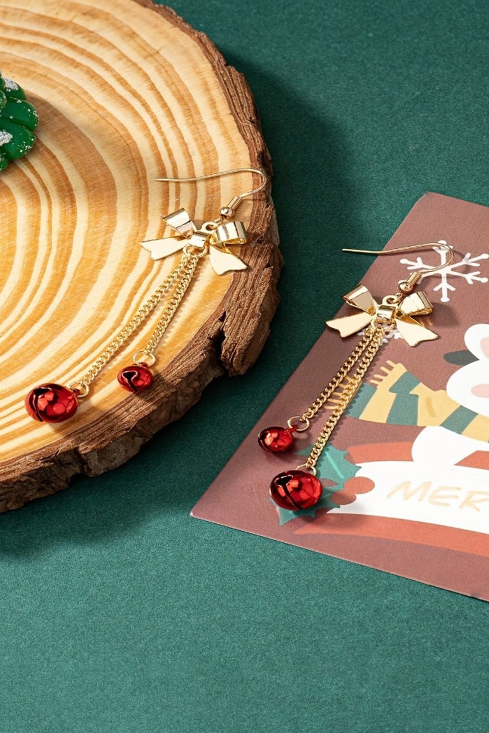 Fiery Red Jingle Bell Tassel Dangle Gold Plated Bow Hook Earrings