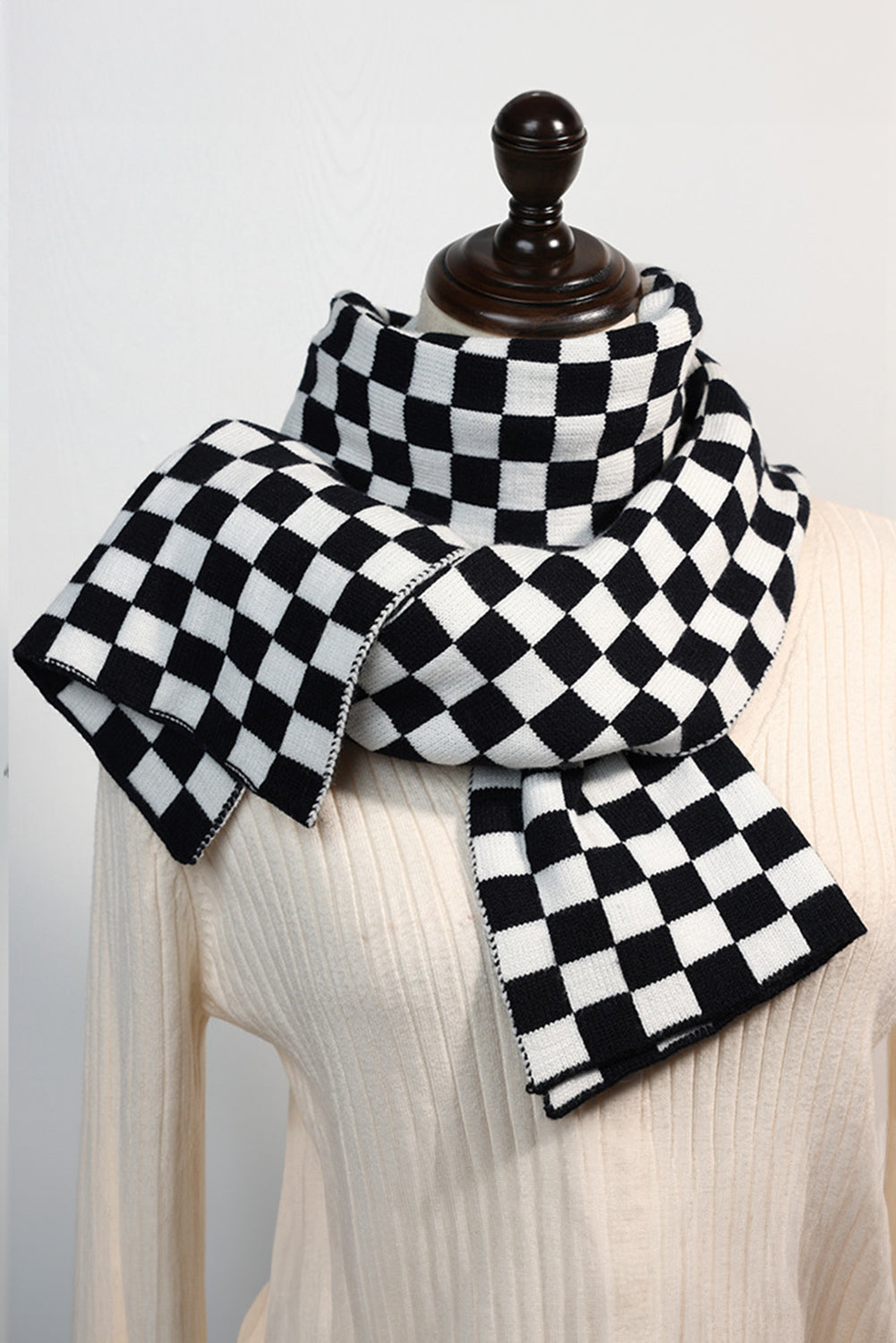 Black Checkered Knitted Soft Warm Large Scarf