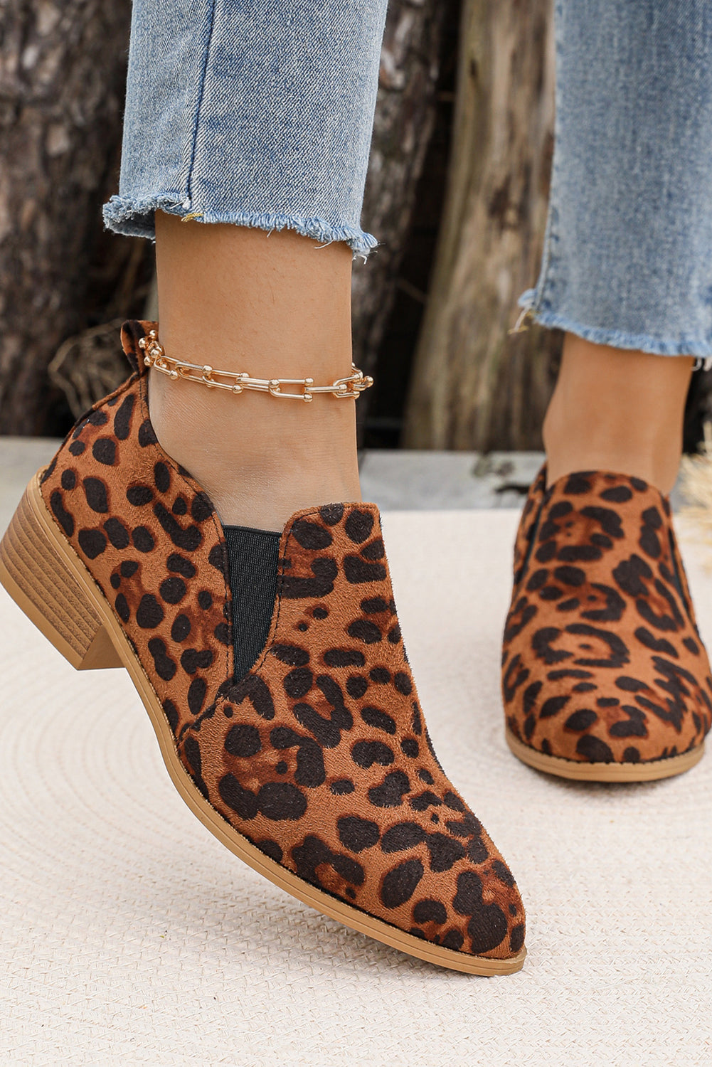 Chestnut Leopard Block Heel Round Toe Ankle Boots