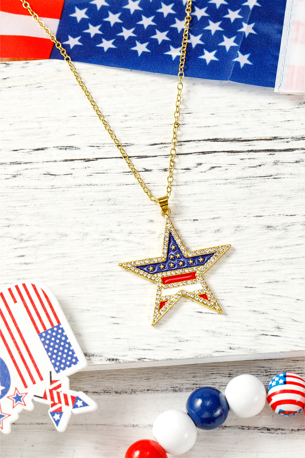 Gold Rhinestone American Flag Star Necklace