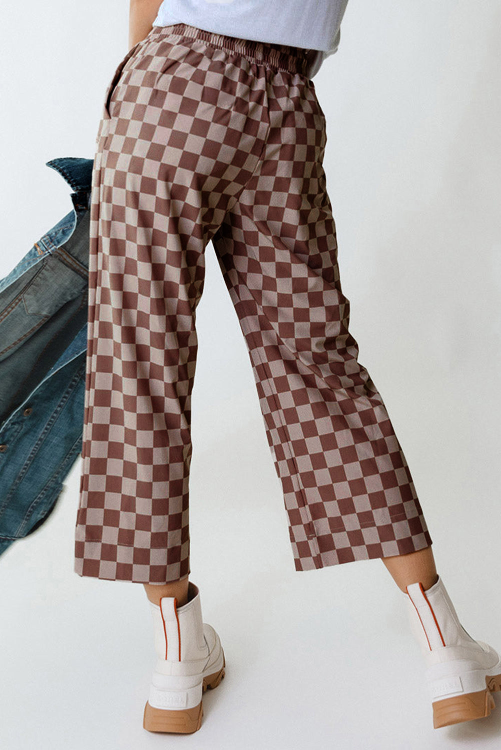 Khaki Checkered Elastic High Waist Loose Casual Pants