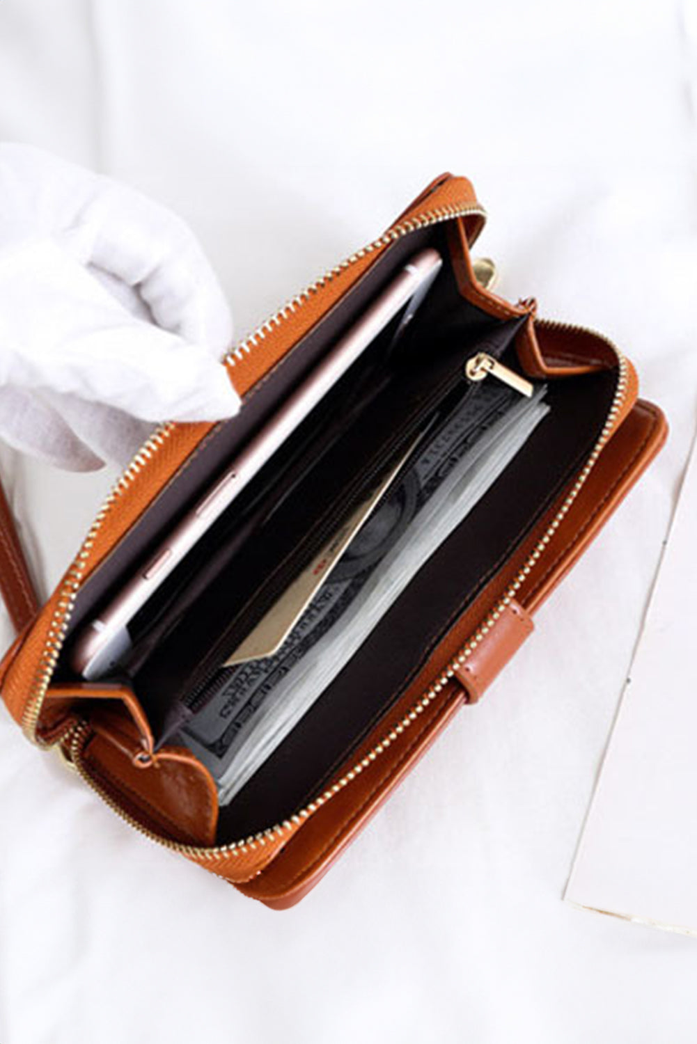 Cinnamon Faux Leather Zip Around Wrist Strap Long Wallet
