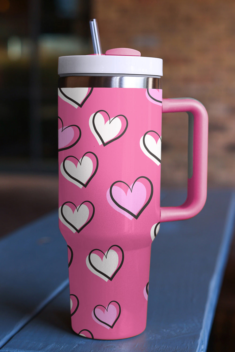 Rose Red Valentines Heart Printed Thermos Cup with Handle 40oz
