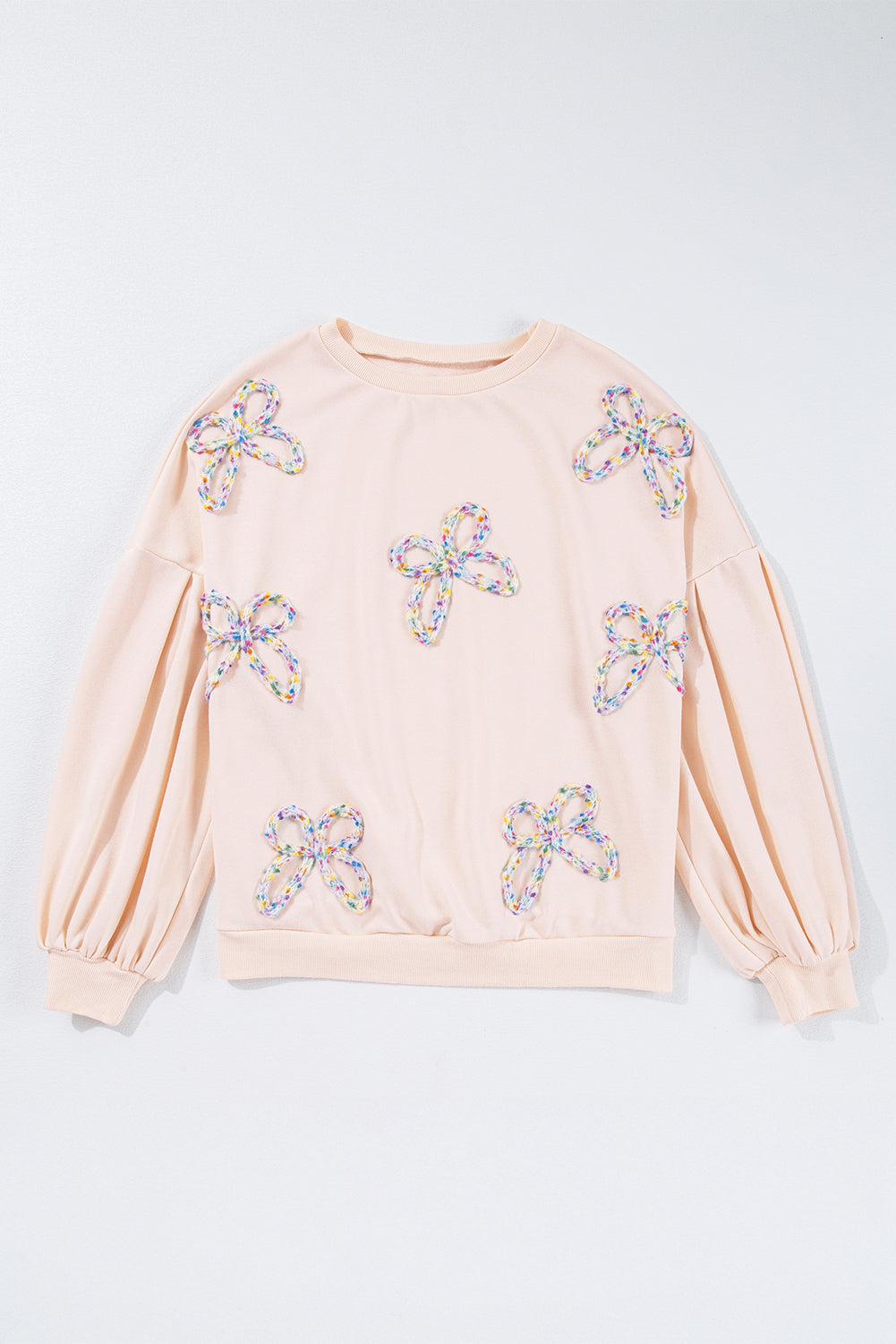 Parchment Embroidered Bow Lantern Sleeve Oversized Pullover Sweatshirt