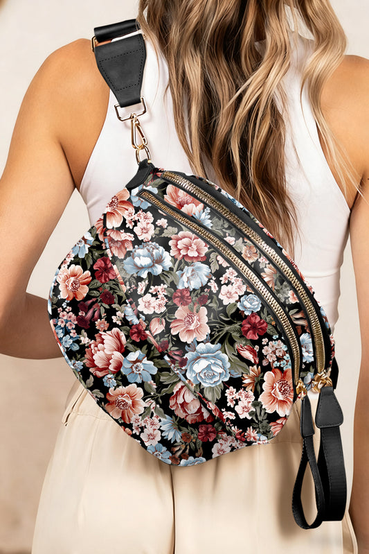 Color black Floral Printed Double Zip PU Leather Crossbody Bag