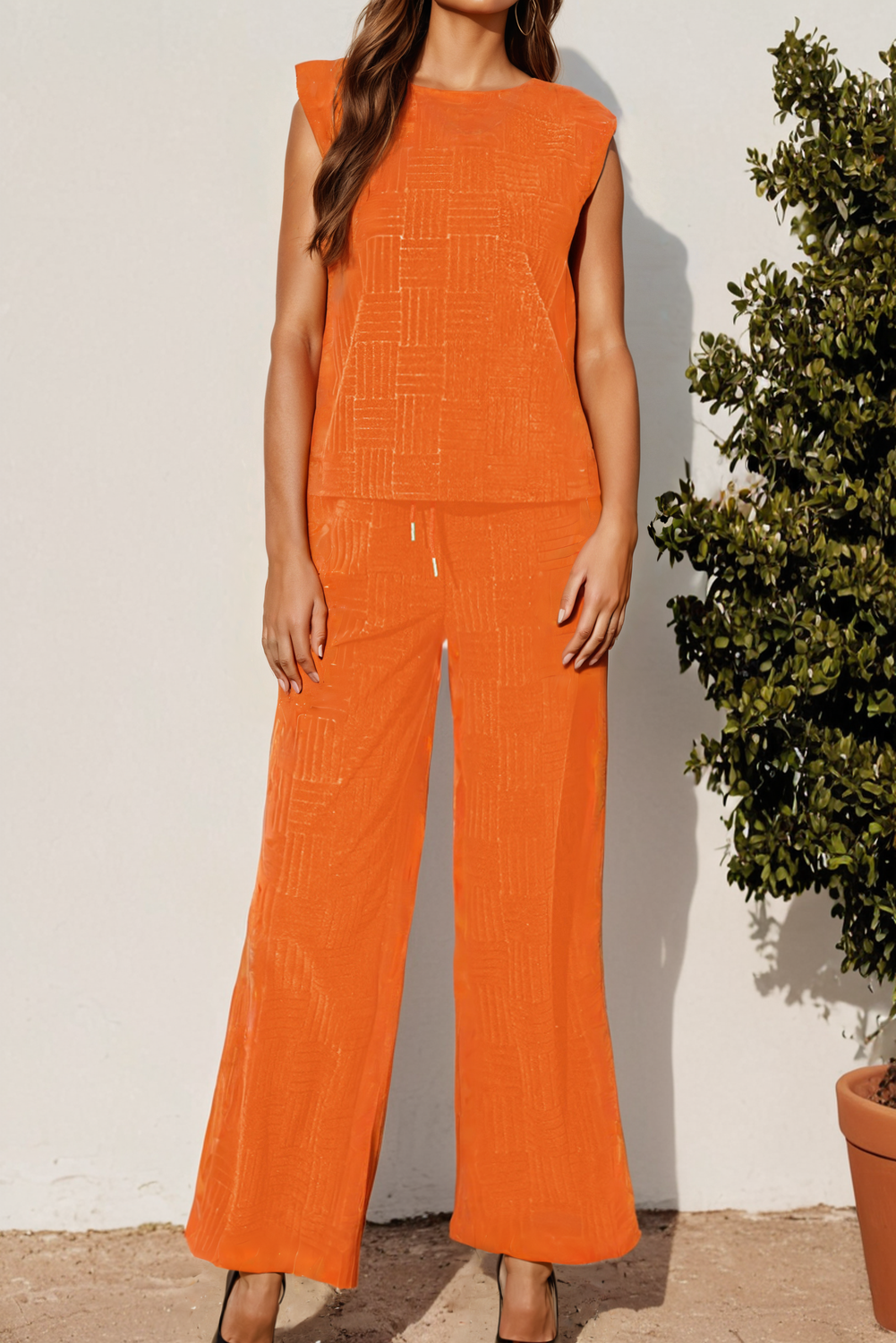 Orange Textured Tank Top and Wide Leg Pants Set